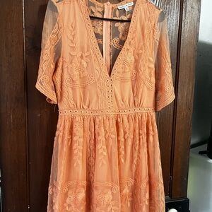 Orange Lace Dress with Floral Embroidery